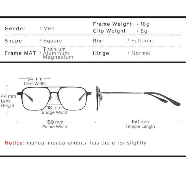 Pure Titanium Aluminum Magnetic Clip-On Glasses 9908